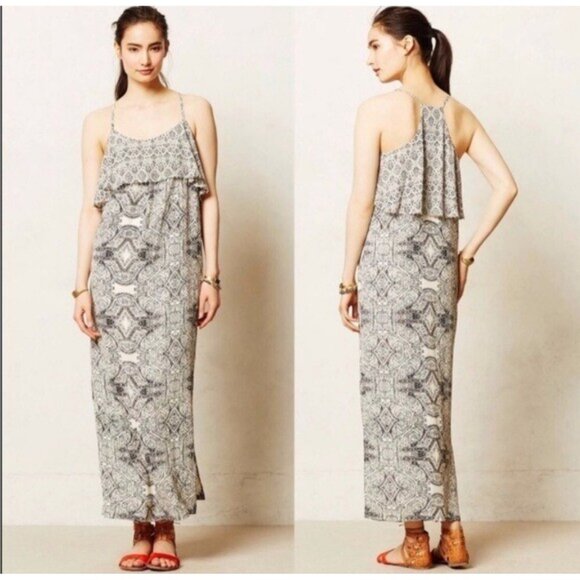Anthro Vanessa Virginia Talitha Black & White Beaded Maxi Dress Size 12 - Picture 1 of 9